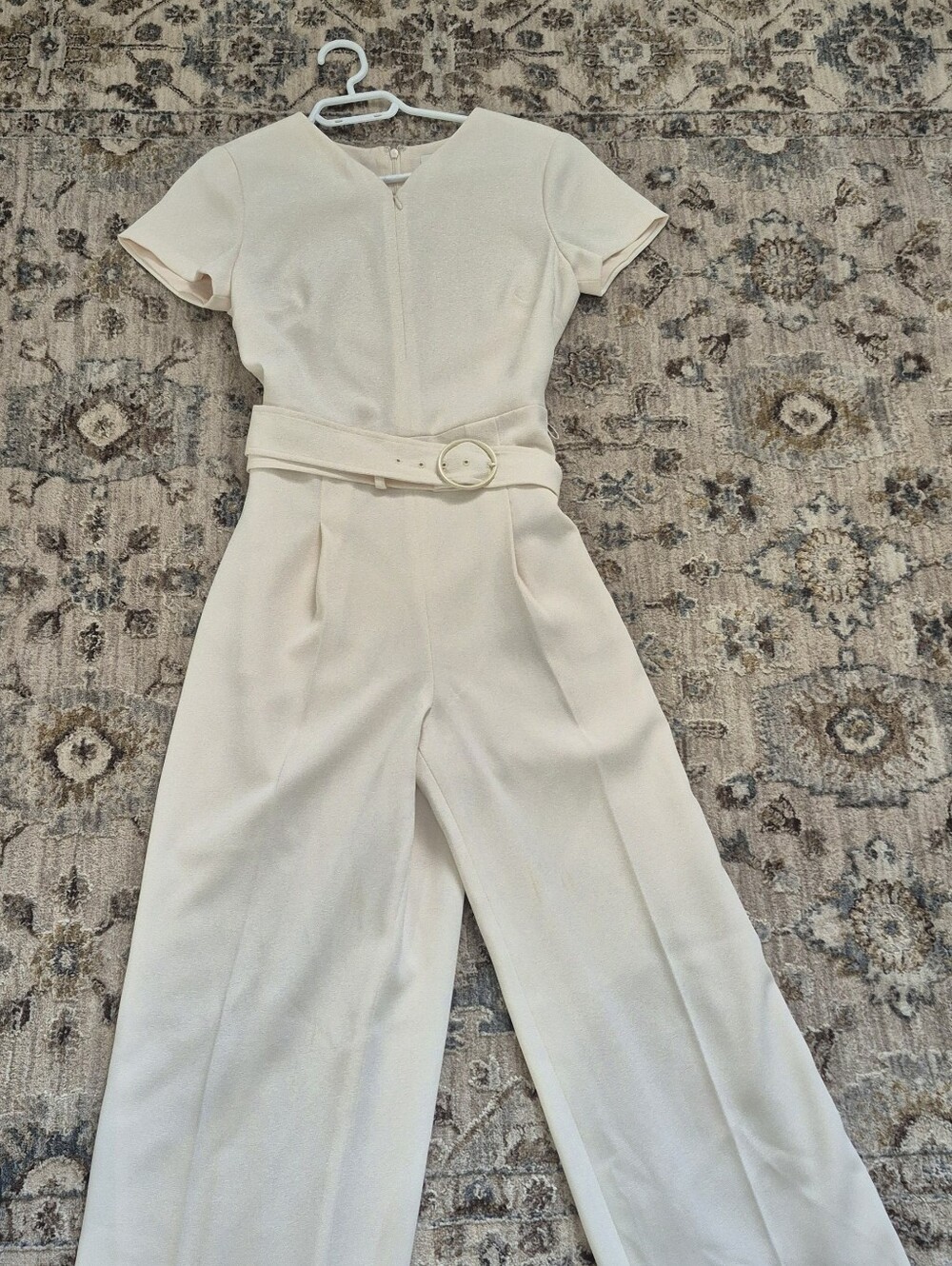 Women's Cream Short-Sleeve Belted Jumpsuit
